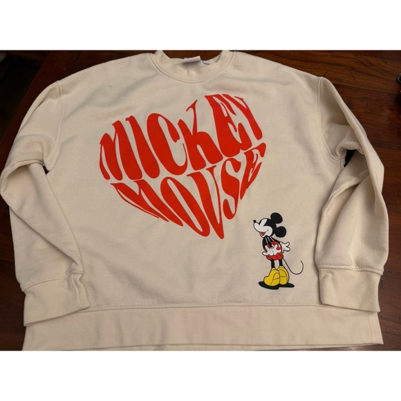 Disney Tops - Disney Mickey Mouse Red Heart Beige Cream Crewneck Sweatshirt Large
